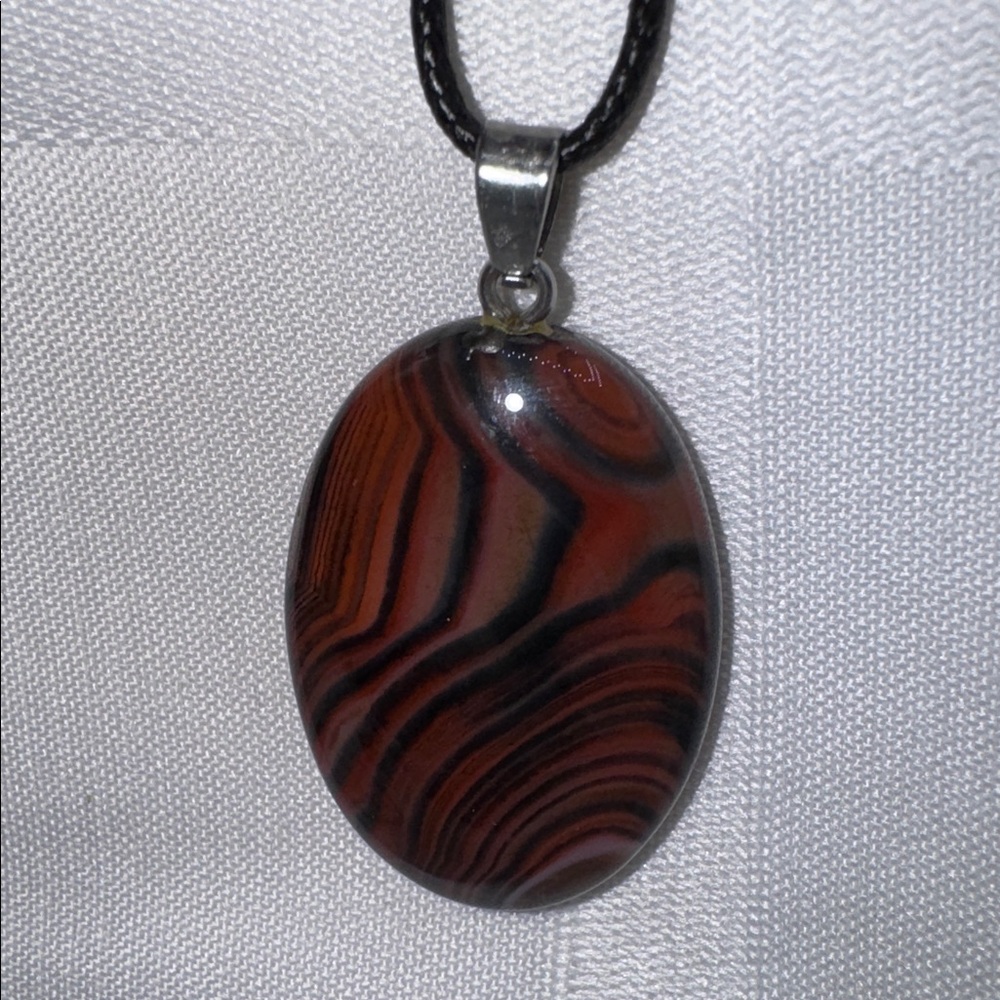 Sardonyx necklace, natural stone 1.75” pendant on a9” cord, black and burnt red